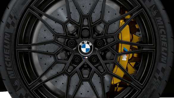 BMW M3 Sedaan G80 2020, süsinikkeraamiline M-pidur BMW M3 Sedaan G80 2020 süsinikkeraamilise M-piduri lähivaade