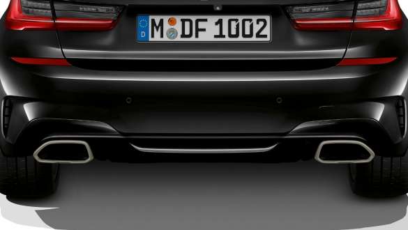 BMW M340i xDrive Sedaan G20 2020, eksklusiivsed summutitorude äärised BMW M340i xDrive Sedaan G20 2020 Sapphire Black metallik, eksklusiivsed summutitorude äärised, lähivaade tagant