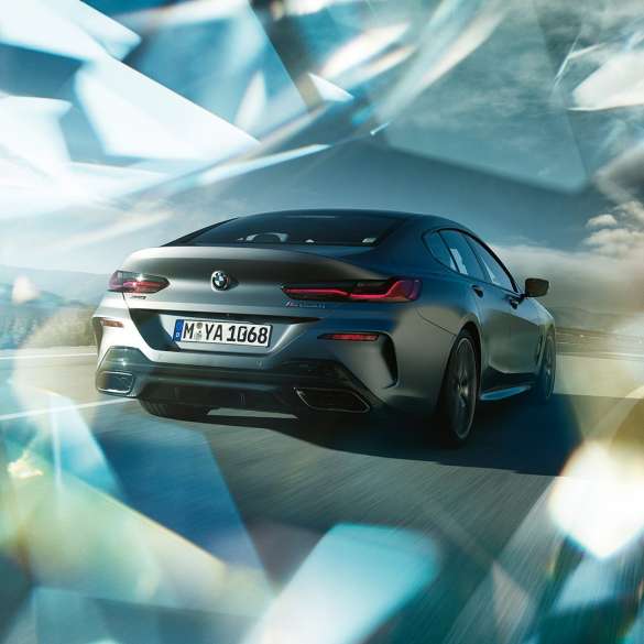 BMW M850i xDrive Gran Coupé, kolm neljandikku tagantvaade BMW M850i xDrive Gran Coupé G16 2019 BMW Individual Frozen Bluestone metallik, kolm neljandikku tagantvaade