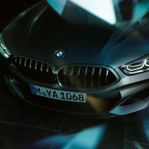 BMW M850i xDrive Gran Coupé, neerukujuline iluvõre BMW M850i xDrive Gran Coupé G16 2019 BMW Individual Frozen Bluestone metallik neerukujuline iluvõre, eestvaade lähedalt