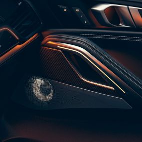 BMW X6 kõlar. Lähivaade BMW salongi, fookus kõlaril.