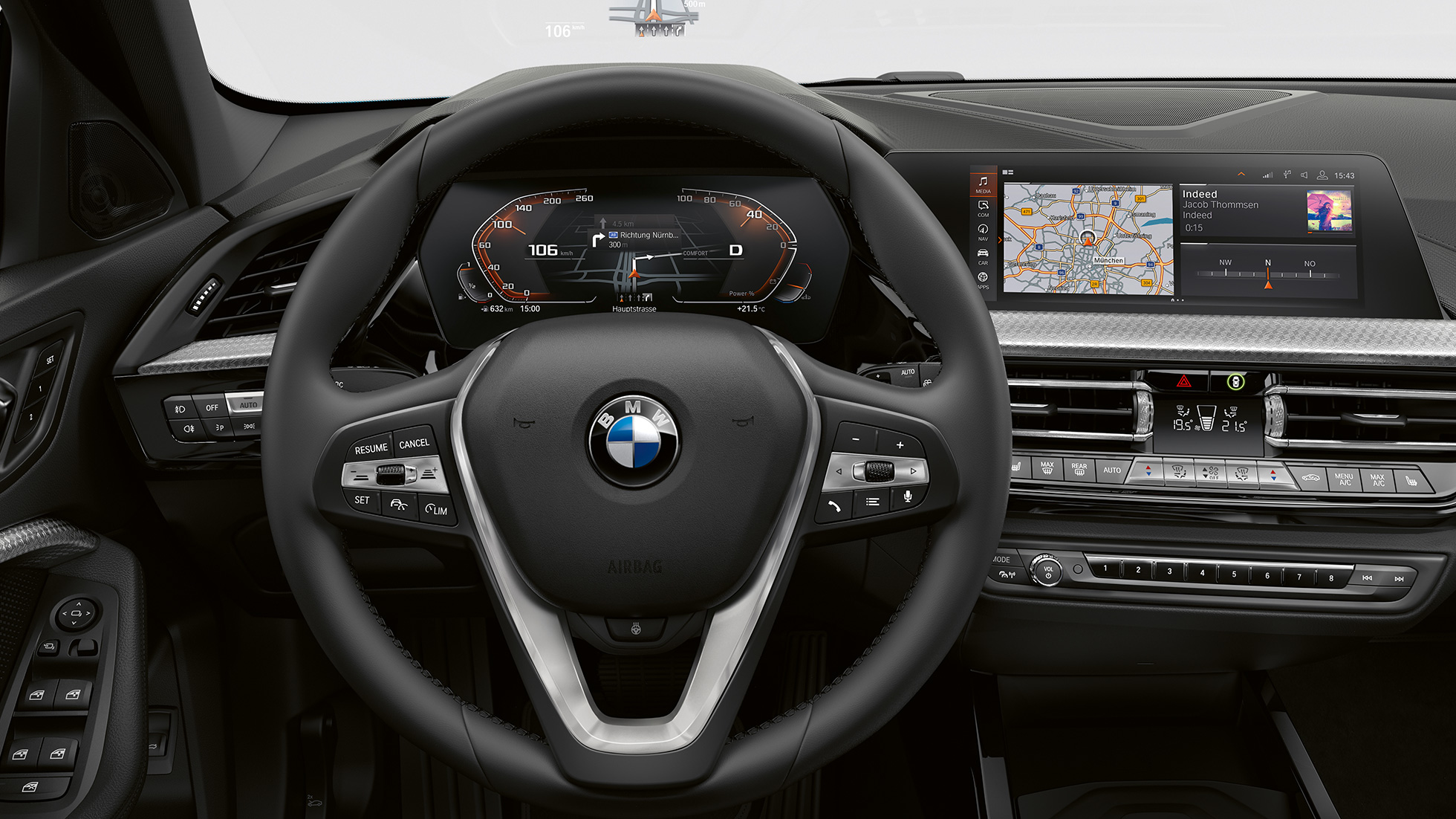 Nahkkattega sportrool. BMW 1. seeria mudel Luxury Line, juhikoht nahkkattega sportrooliga.