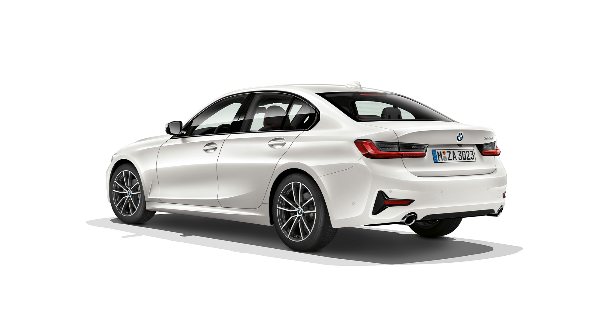 BMW 3. seeria Sedan, mudel Sport Line tagant. BMW 3. seeria Sedan mudel Sport Line kolm neljandikku tagantvaates.