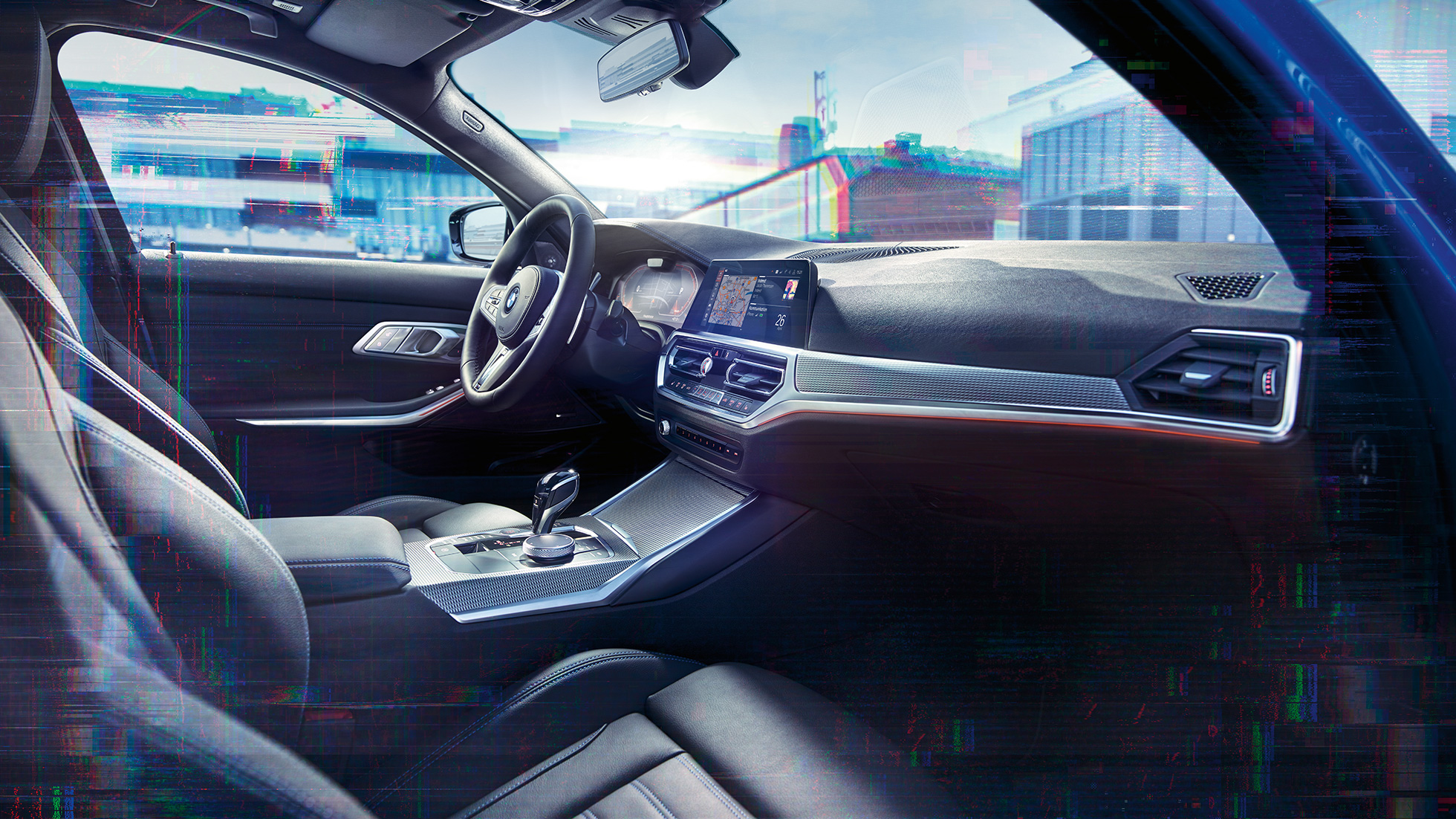 BMW 3. seeria Sedan, BMW Live Cockpit Professional. BMW 3. seeria Sedani salongi lähivaade ja BMW Live Cockpit Professional.