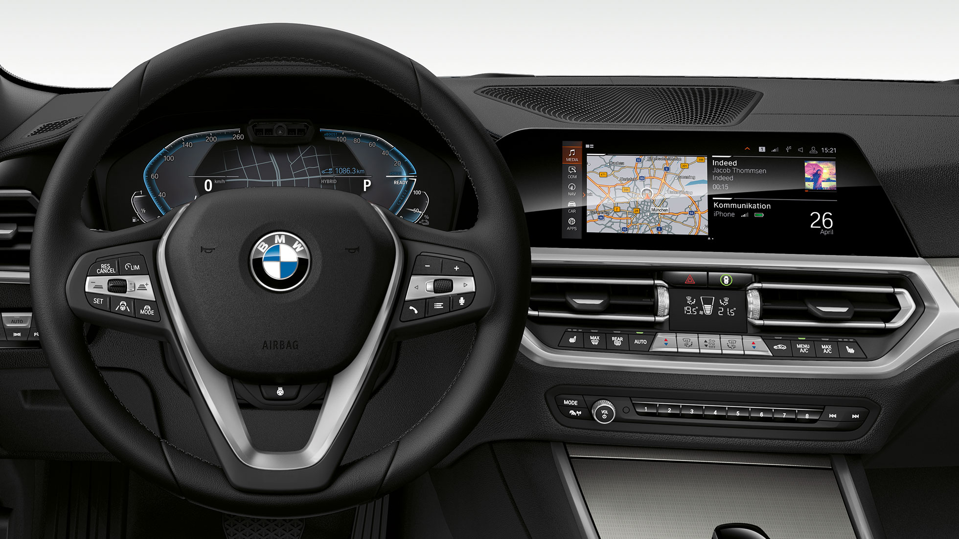 BMW 3. seeria Sedan, juhikoht. BMW 3. seeria Sedani juhikoht i-mudelite näidikutega, lähivaade eest.