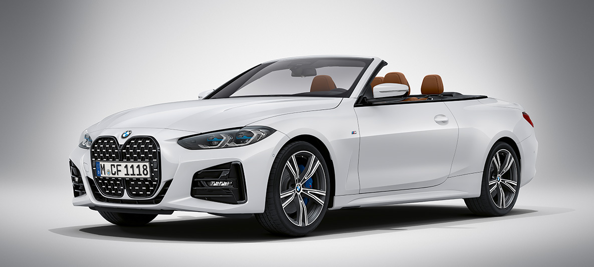 BMW Individual Brilliant White metallik, BMW 4. seeria Cabrio G23 2020 BMW 4. seeria Cabrio toonis Individual Brilliant White metallik, G23 2020, kolm neljandikku eestvaade seistes