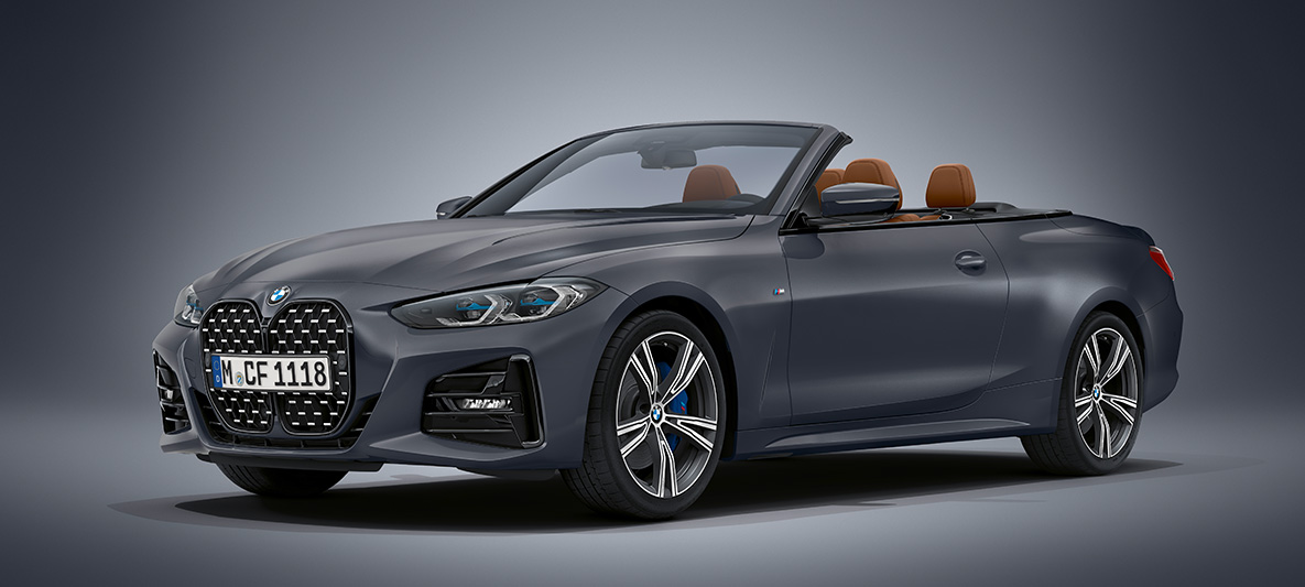 BMW Individual Frozen Deep Grey metallik, BMW 4. seeria Cabrio G23 2020 BMW 4. seeria Cabrio toonis Individual Frozen Deep Grey metallik, G23 2020, kolm neljandikku eestvaade seistes