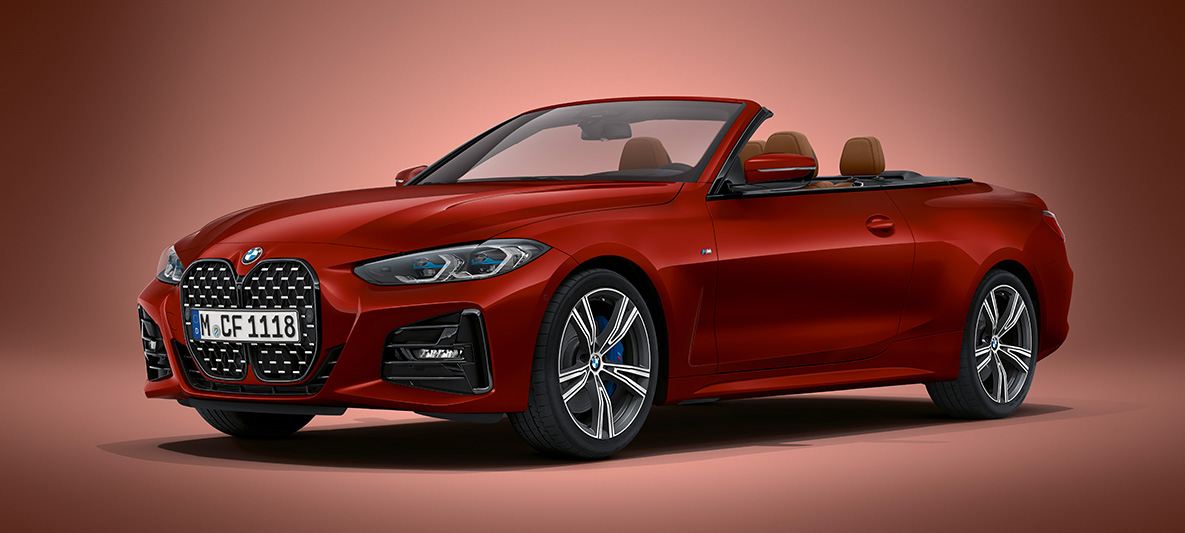 BMW Individual Aventurin Red metallik, BMW 4. seeria Cabrio G23 2020 BMW 4. seeria Cabrio G23 2020 toonis BMW Individual Aventurin Red metallik, kolm neljandikku eestvaade seistes