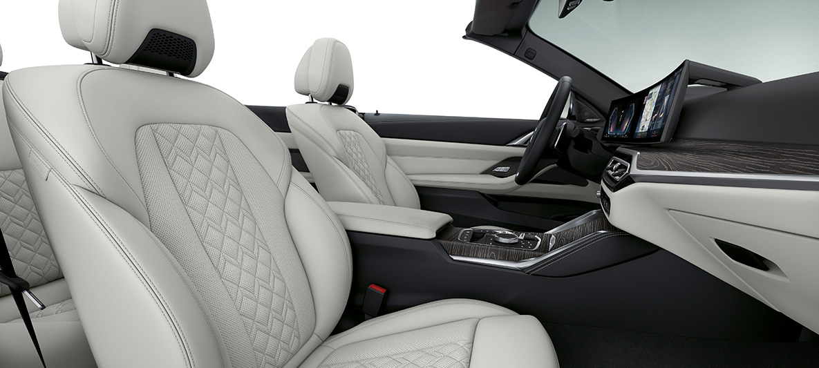 BMW Individual täisnahkpolster 'Merino' Ivory White, BMW 4. seeria Cabrio Individual G23 2020, salong BMW Individual täisnahkpolster 'Merino' Ivory White, BMW 4. seeria Cabrio Individual G23 2020, salong, juhikoht