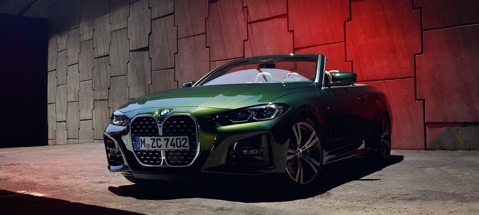 BMW 4. seeria Cabrio G23 2020 toonis Sanremo Green metallik, kolm neljandikku eestvaade 
