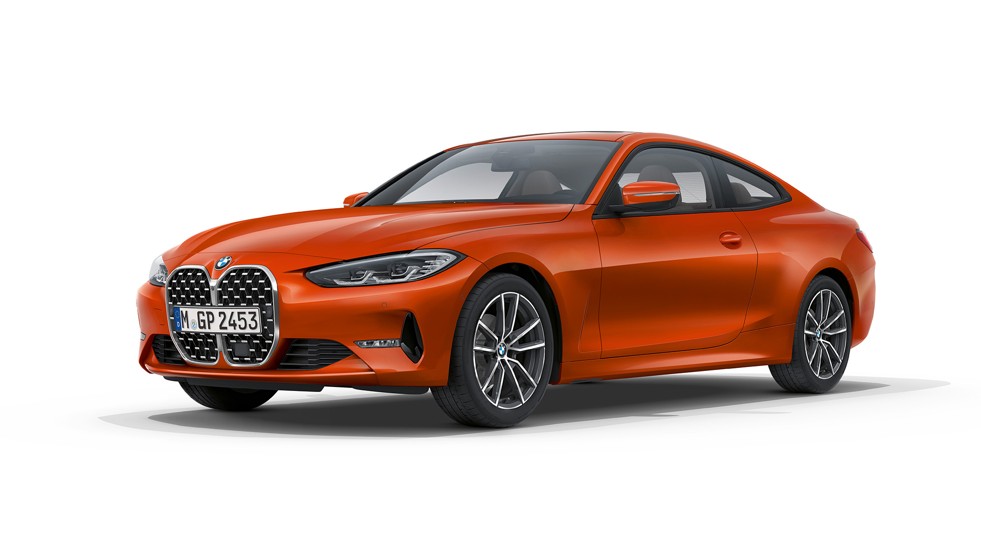 BMW 4. seeria Coupé põhivarustus G22 2020 kolm neljandikku eestvaade BMW 4. seeria Coupé G22 2020 põhivarustus Sunset Orange metallik kolm neljandikku eestvaade