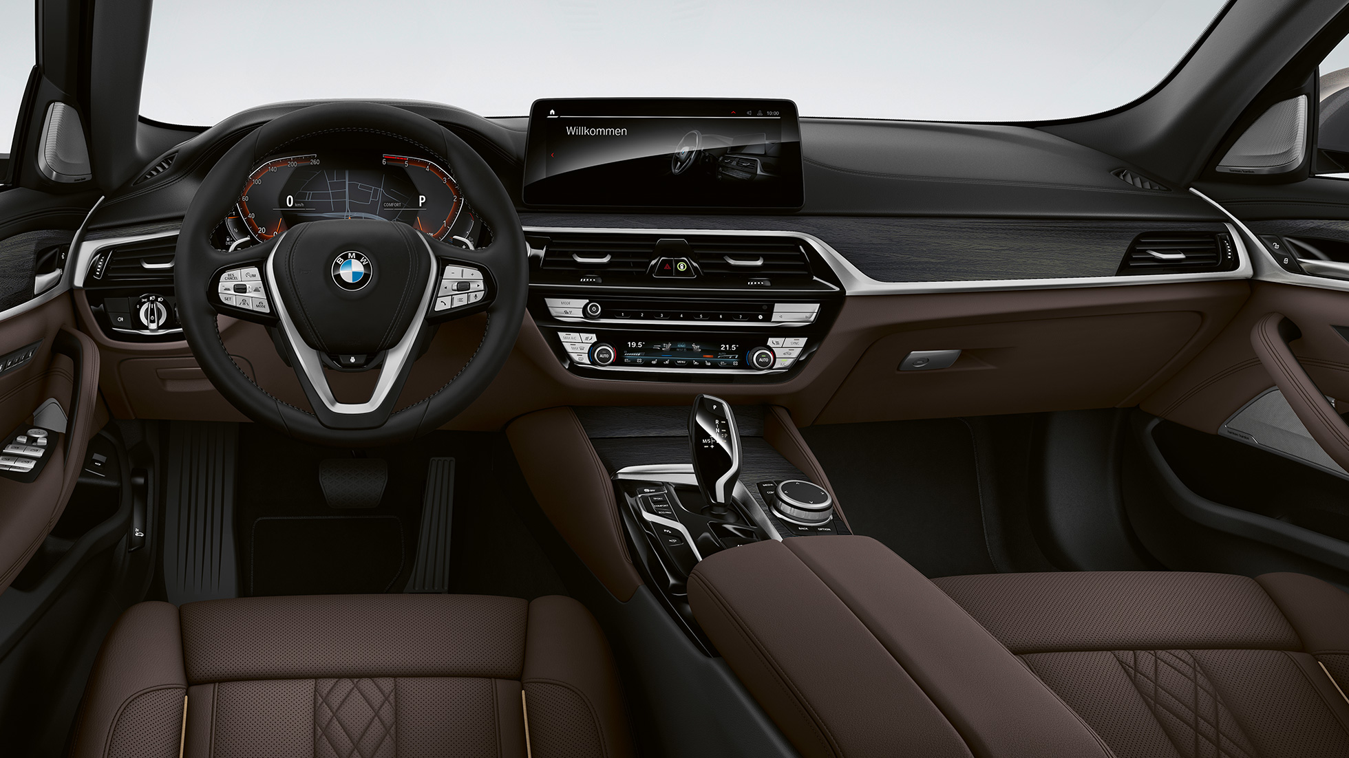 BMW 5. seeria Sedaan G30 Luxury Line, juhikoht BMW 5. seeria Sedaan 520d xDrive G30 2020, Luxury Line, salong, eksklusiivne nahksisu „Nappa“ Mokka, eksklusiivõmblused kontrastääristega, juhikoht