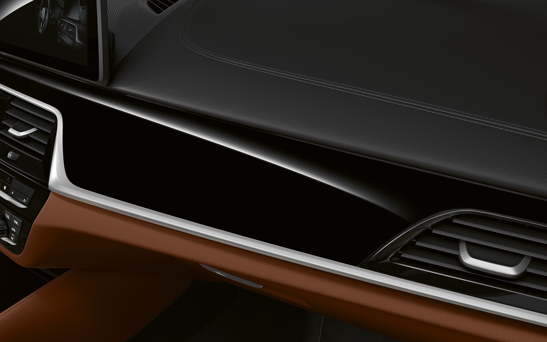 BMW 5. seeria Touring G31 LCI, juhikoha lähivõte, salongi dekoratiivliistud Piano Black koos Pearl Chrome’i detailidega BMW 5. seeria Touring G31 Facelift 2020, juhikoha lähivõte, salongi dekoratiivliistud Piano Black koos Pearl Chrome’i detailidega