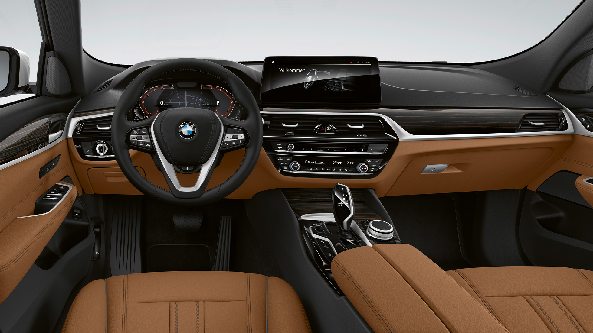 BMW 6. seeria Gran Turismo G32 2020 baasvarustus, juhikoht BMW 6. seeria Gran Turismo G32 620d 2020 baasvarustuses, salong, nahksisu „Dakota“ Cognac/Black