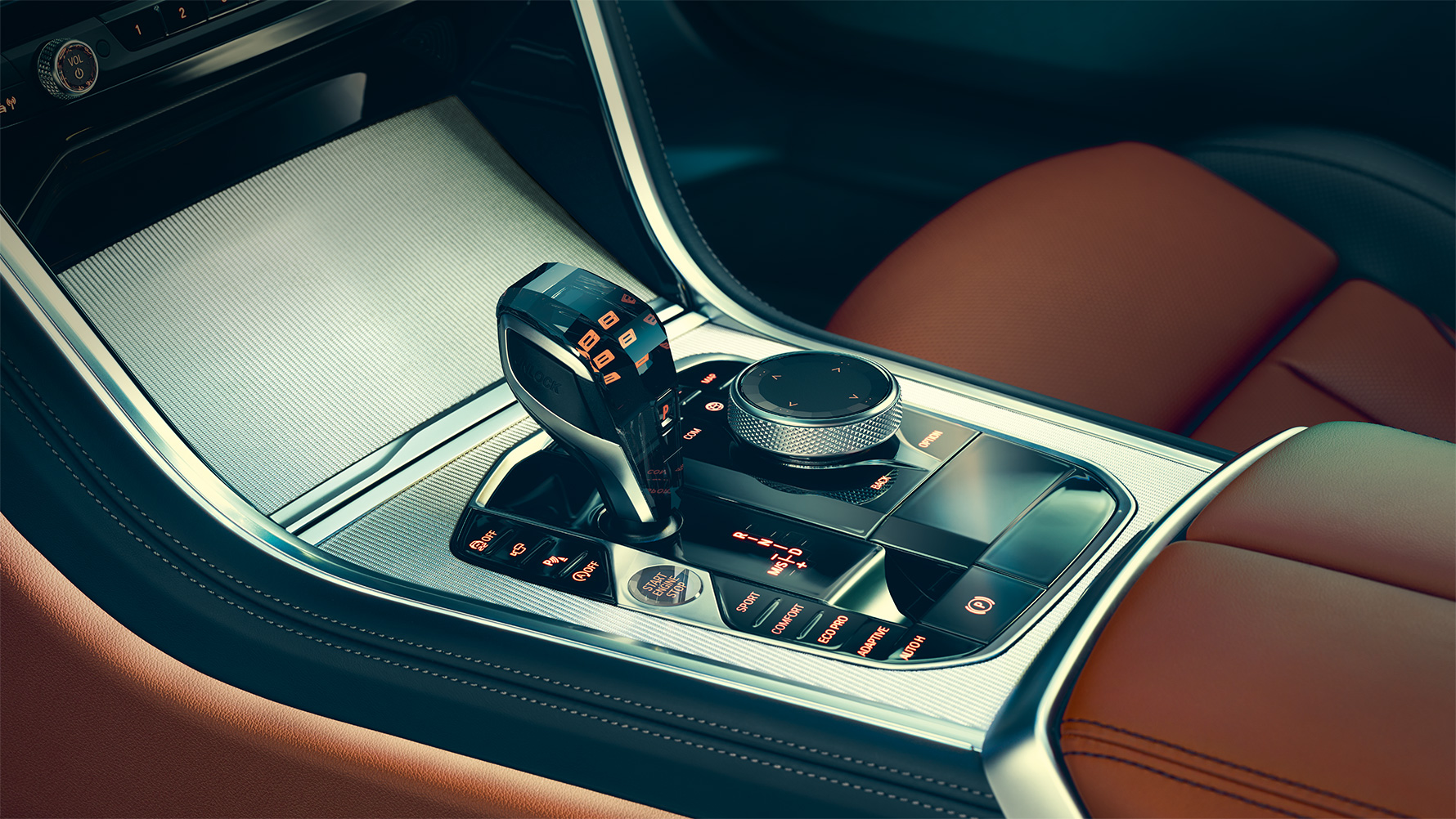 BMW 8. seeria Coupé, keskkonsool BMW 8. seeria Coupé salongi lähivõte fookusega keskkonsoolil.