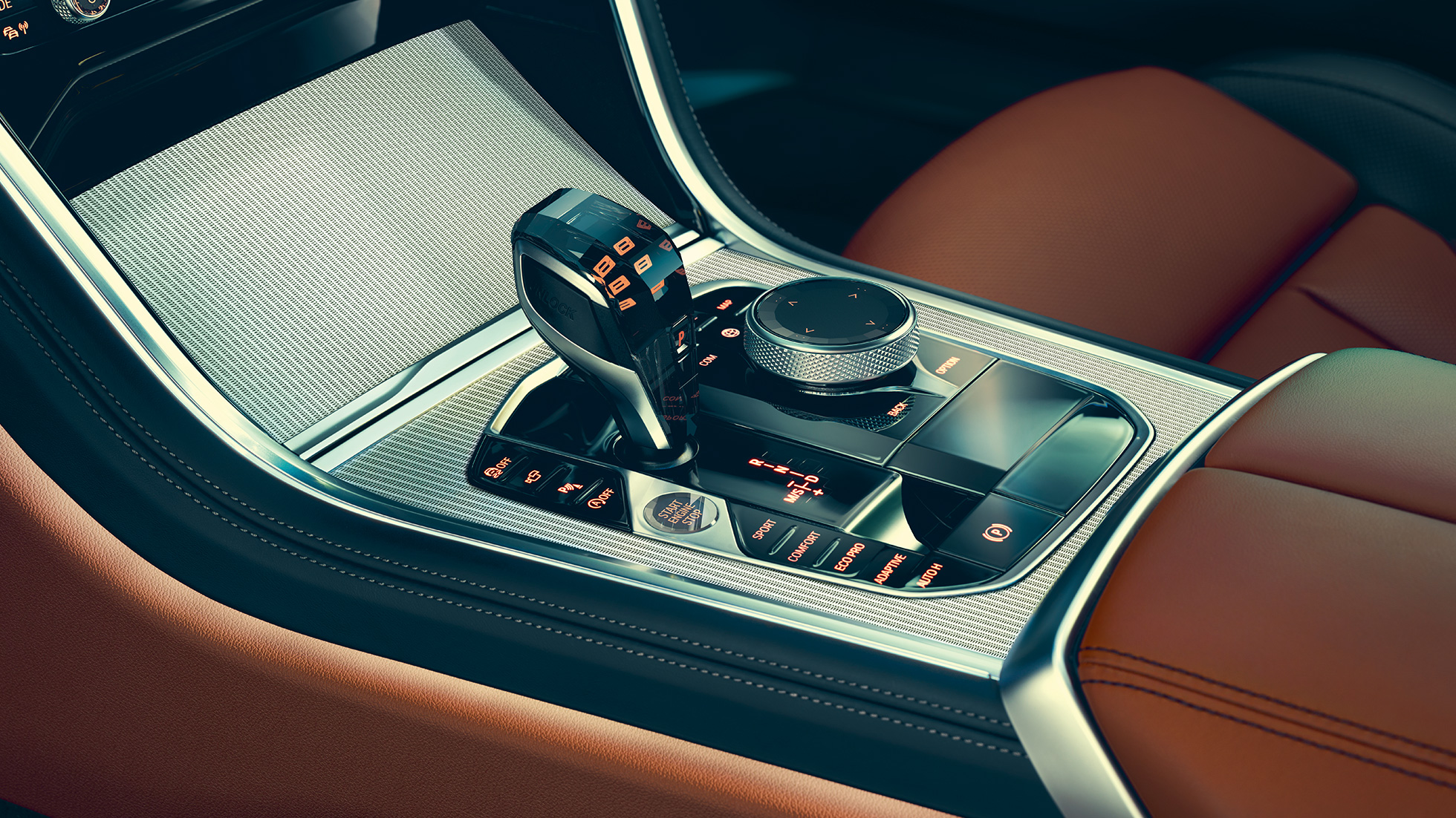 BMW 8. seeria Coupé salong. BMW 8. seeria Coupé, salong, lähivaade käigukangist.