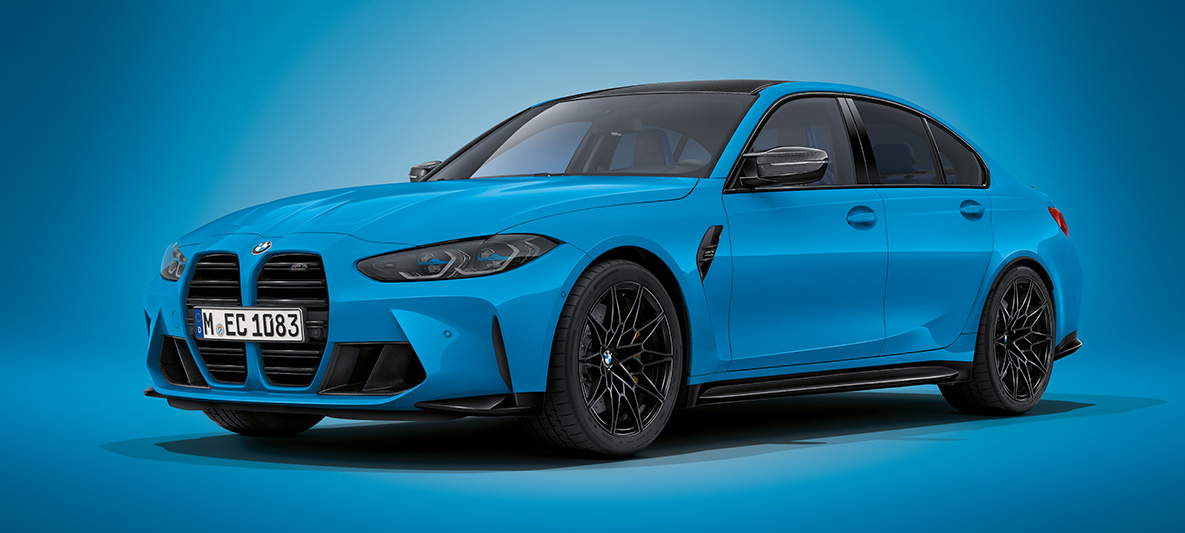 BMW M3 Sedaan BMW G80 2021 BMW Individual Mexico Blue metallik, kolm neljandikku eestvaade seistes BMW M3 Sedaan BMW G80 2021 BMW Individual Mexico Blue metallik, kolm neljandikku eestvaade seistes