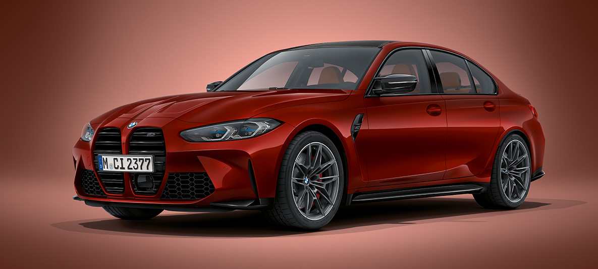 BMW M3 Sedaan G80 2020 BMW Individual Aventurine Red metallik BMW M3 Sedaan BMW Individual G80 2020 Aventurine Red metallik, kolm neljandikku eestvaade seistes