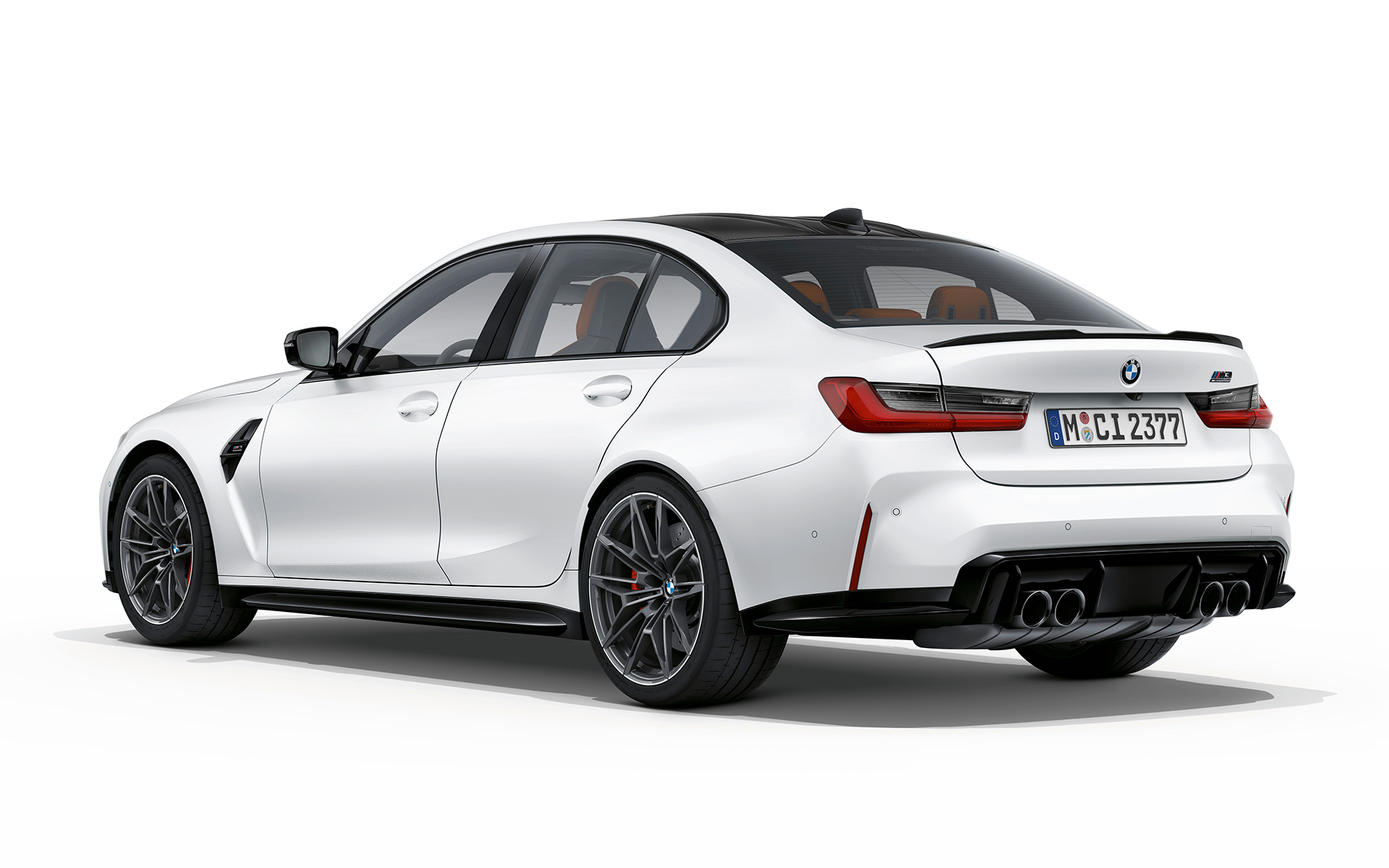 BMW M3 Competition G80 2020, Frozen Brilliant White metallik, kolm neljandikku tagantvaade