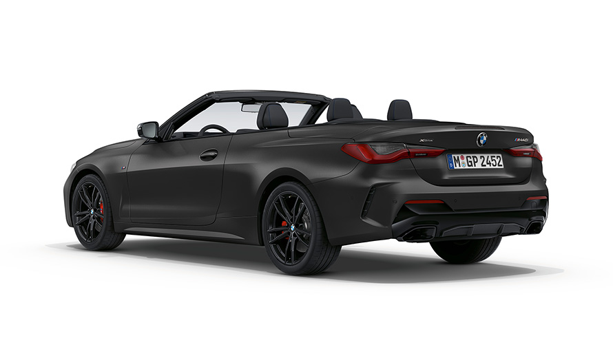 BMW M440i xDrive Cabrio G23 2020, BMW Individual Frozen Portimao Blue metallik, kolm neljandikku tagantvaade