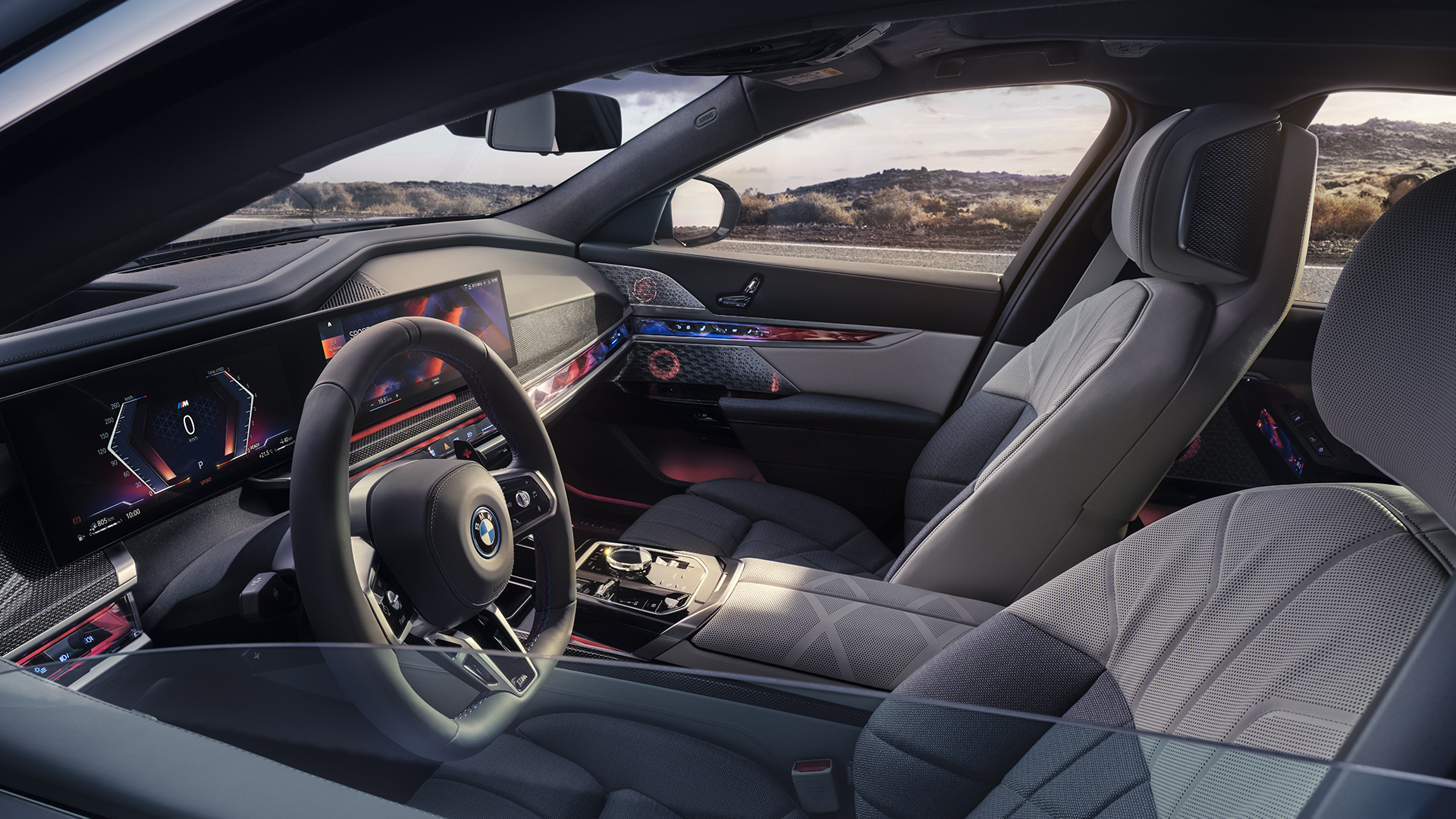 BMW M760e xDrive Sedaan G70, My Mode Sport BMW M760e xDrive Sedaan G70, My Mode Sport, vaade väljast salongi läbi poolsuletud küljeklaasi