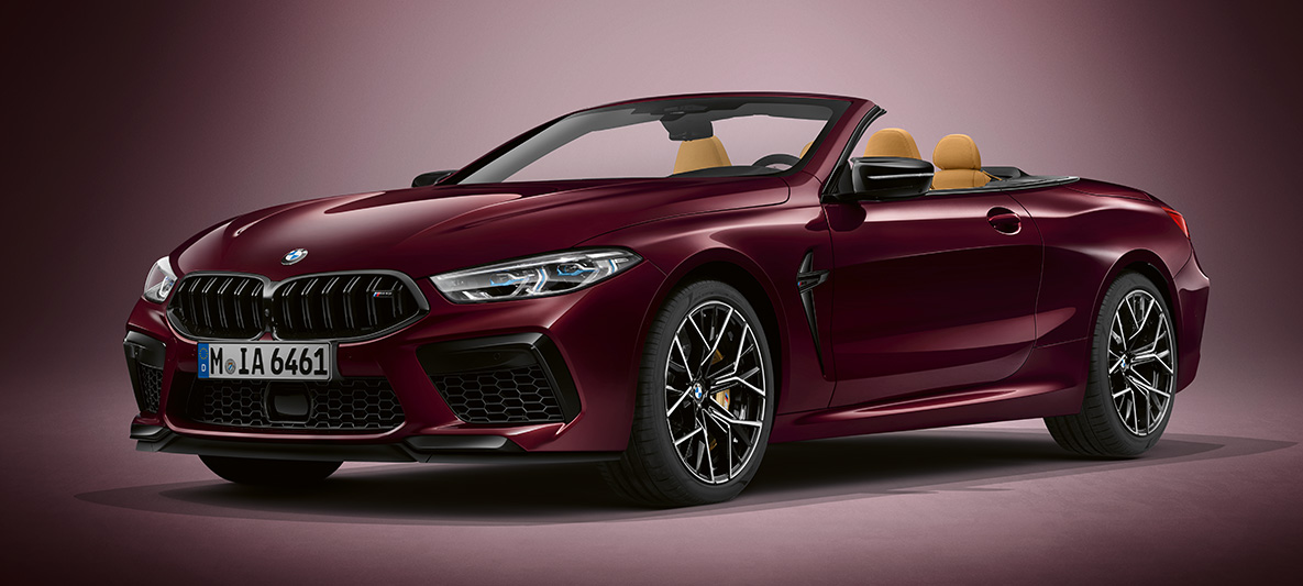 BMW Individual M8 Cabrio toonis BMW Individual Ametrine metallik. BMW Individual M8 Cabrio toonis BMW Individual Ametrine metallik, kolm neljandikku eestvaade.