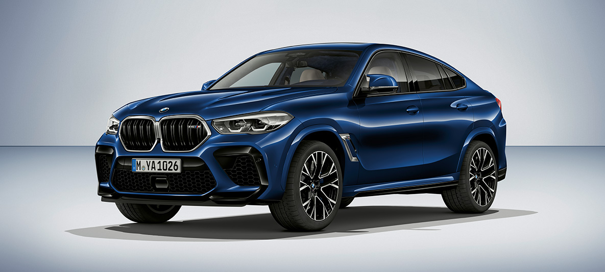 BMW X6 M toonis BMW Individual Tanzanite Blue metallik BMW X6 M F96 SUV 2020 toonis BMW Individual Tanzanite Blue metallik, 3/4 külgvaade