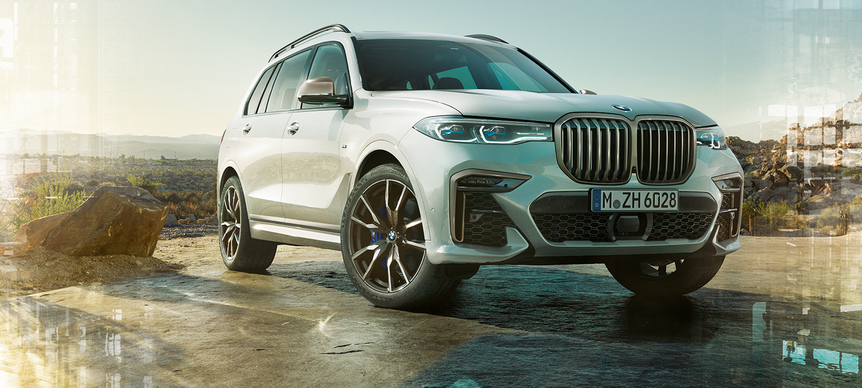 BMW X7 M-mudel G07 2019, kolm neljandikku eestvaade BMW X7 M-mudel G07 2019, Mineral White, kolm neljandikku eestvaade, seismas
