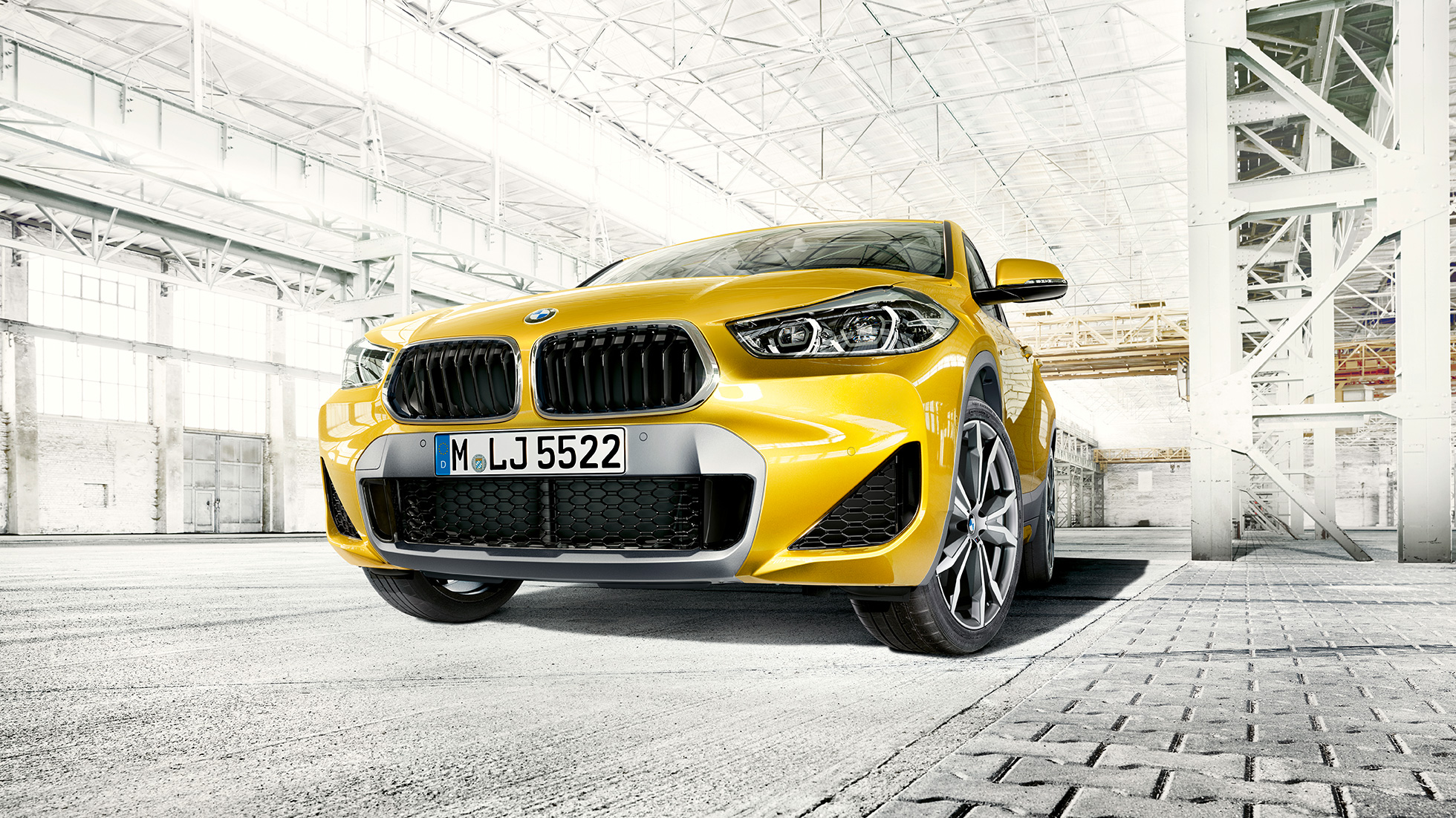 BMW X2 F39, kaheosaline neerukujuline iluvõre BMW X2 2018 F39, Galvanic Gold metallik, kaheosaline neerukujuline iluvõre, eestvaade