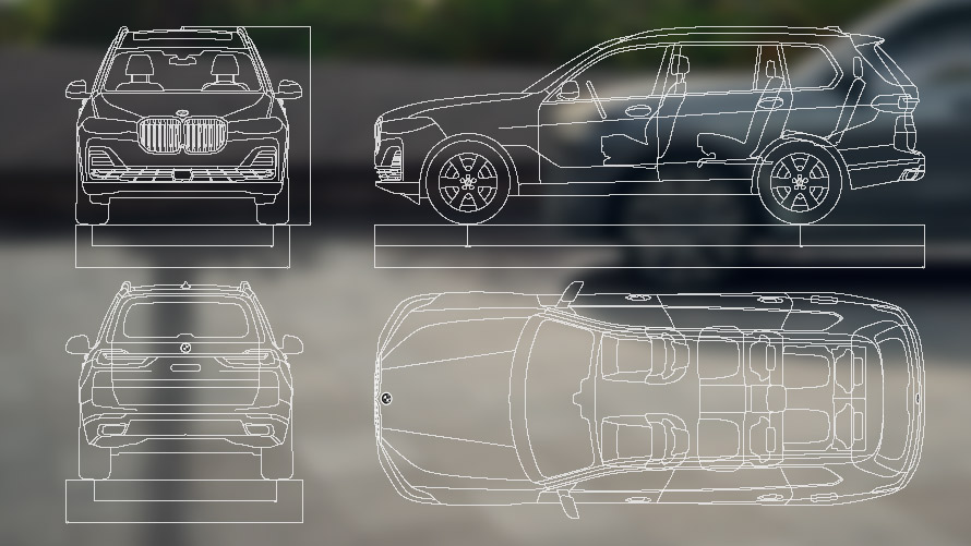 Mõõtjoonised, BMW X7 G07 LCI Mõõtjoonised, eest, tagant, pealt, küljelt, BMW X7 G07 LCI