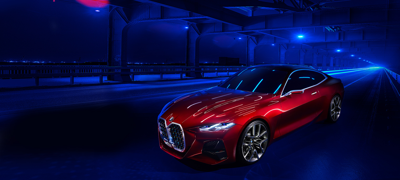 BMW Concept 4 välisdisainiga Forbidden Red, sõitmas, 3/4 eestvaade