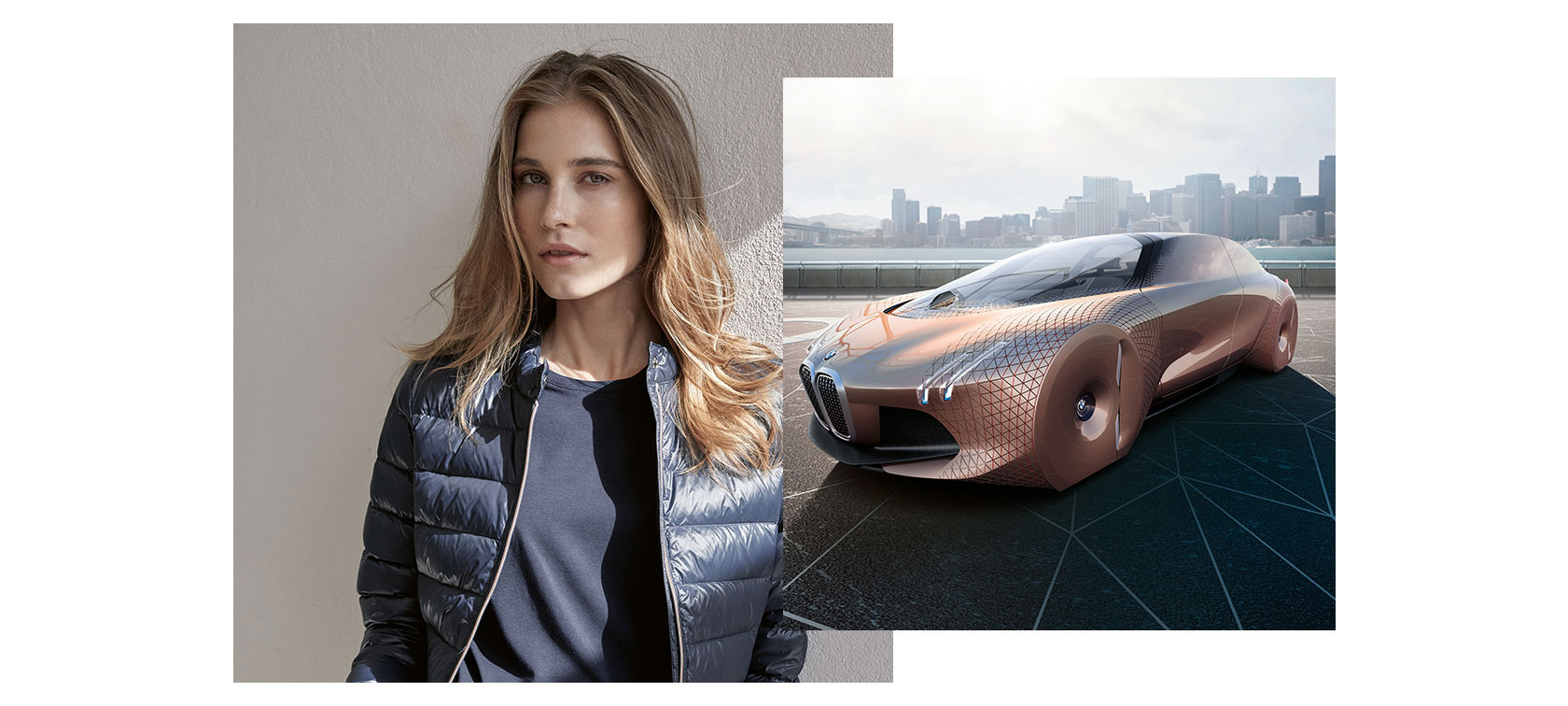 Kollaaž ühendab kahte pilti - vasakul BMW kollektsiooni esemeid kandev modell ja paremal BMW Vision 100 kontseptsiooni auto. Kollaaž ühendab kahte pilti - vasakul BMW kollektsiooni esemeid kandev modell ja paremal BMW Vision 100 kontseptsiooni auto.
