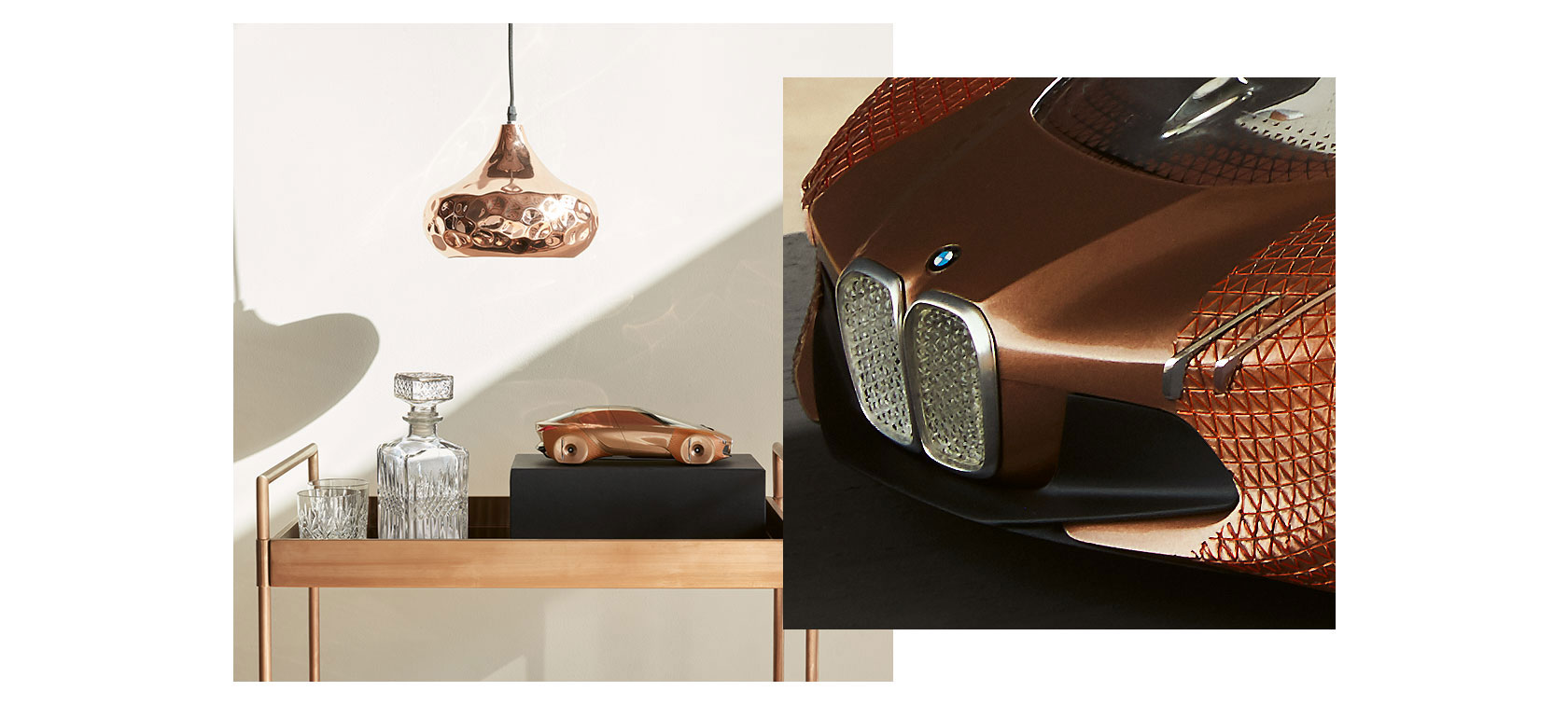 Miniatuurne BMW Vision Next 100. Pilt on jagatud kaheks: vasakul näeme miniatuurset BMW Vision Next 100 mustal plaadil oma futuristlikus värviskeemis vasest ja messingist varjunditega. Parempoolsel lähivõttel on näha miniatuurse BMW Vision Next 100 esiosa detailsust kapoti ja esitiivaga.