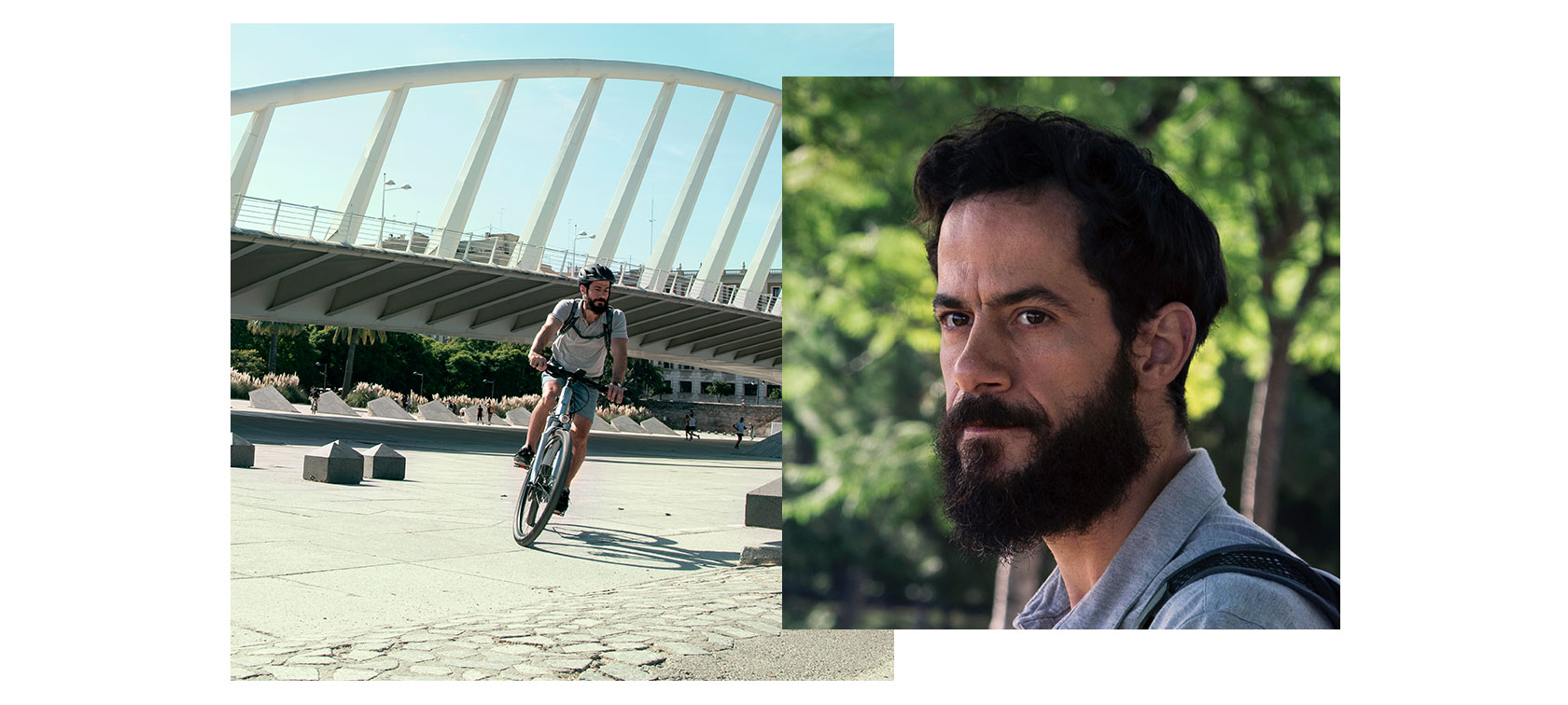 Pildil on Fernando oma BMW Active Hybrid E-Bike’i rattaga vasakul ja sellest paremal mööblidisaineri portreefoto. Pildil on Fernando oma BMW Active Hybrid E-Bike’i rattaga vasakul ja sellest paremal mööblidisaineri portreefoto.