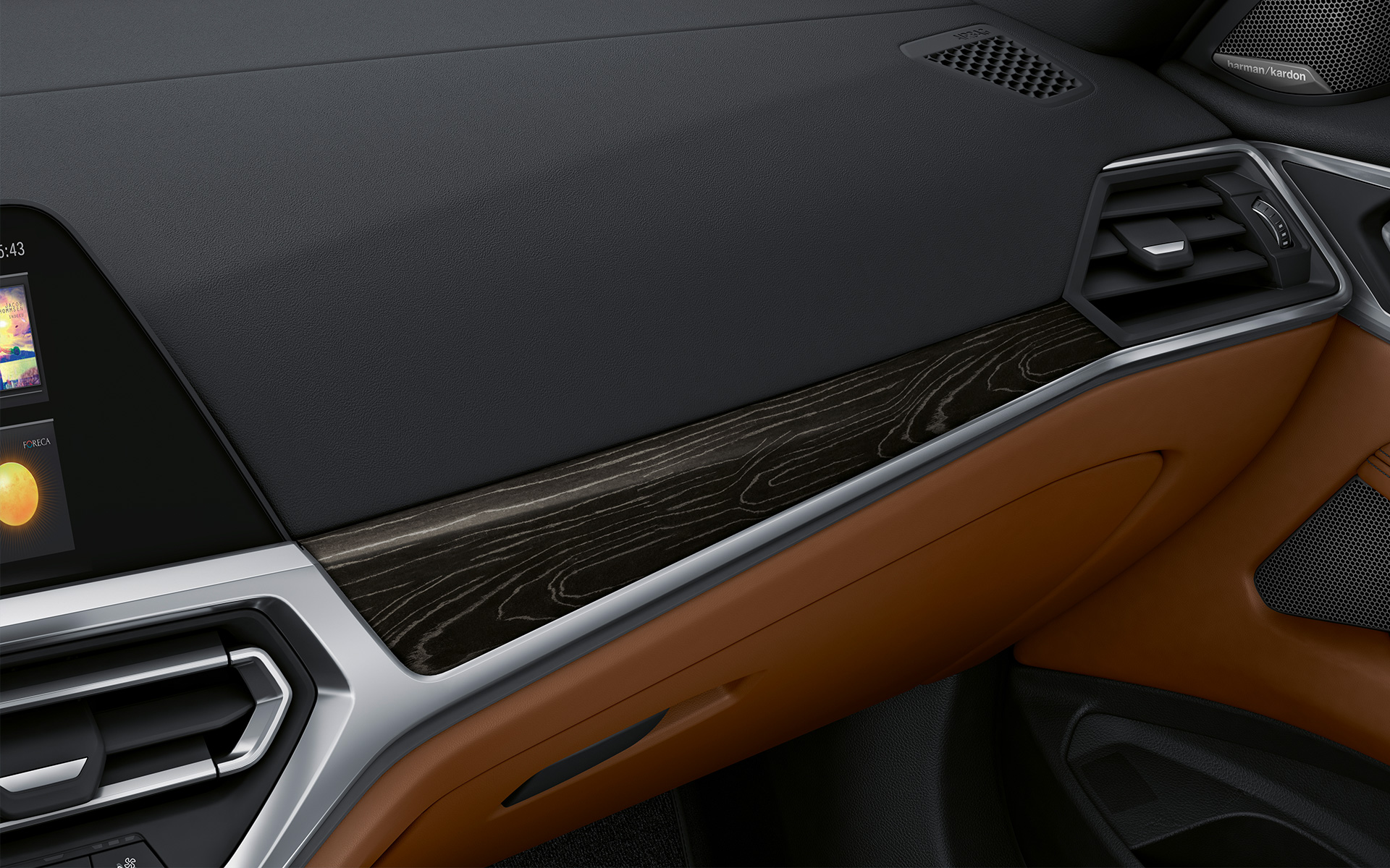 BMW Individuali väärispuidust dekoratiivliistud 'Fineline' Black, hõbedase efektiga, lähivaade BMW Individuali väärispuidust dekoratiivliistud 'Fineline' Black, hõbedase efektiga, lähivaade