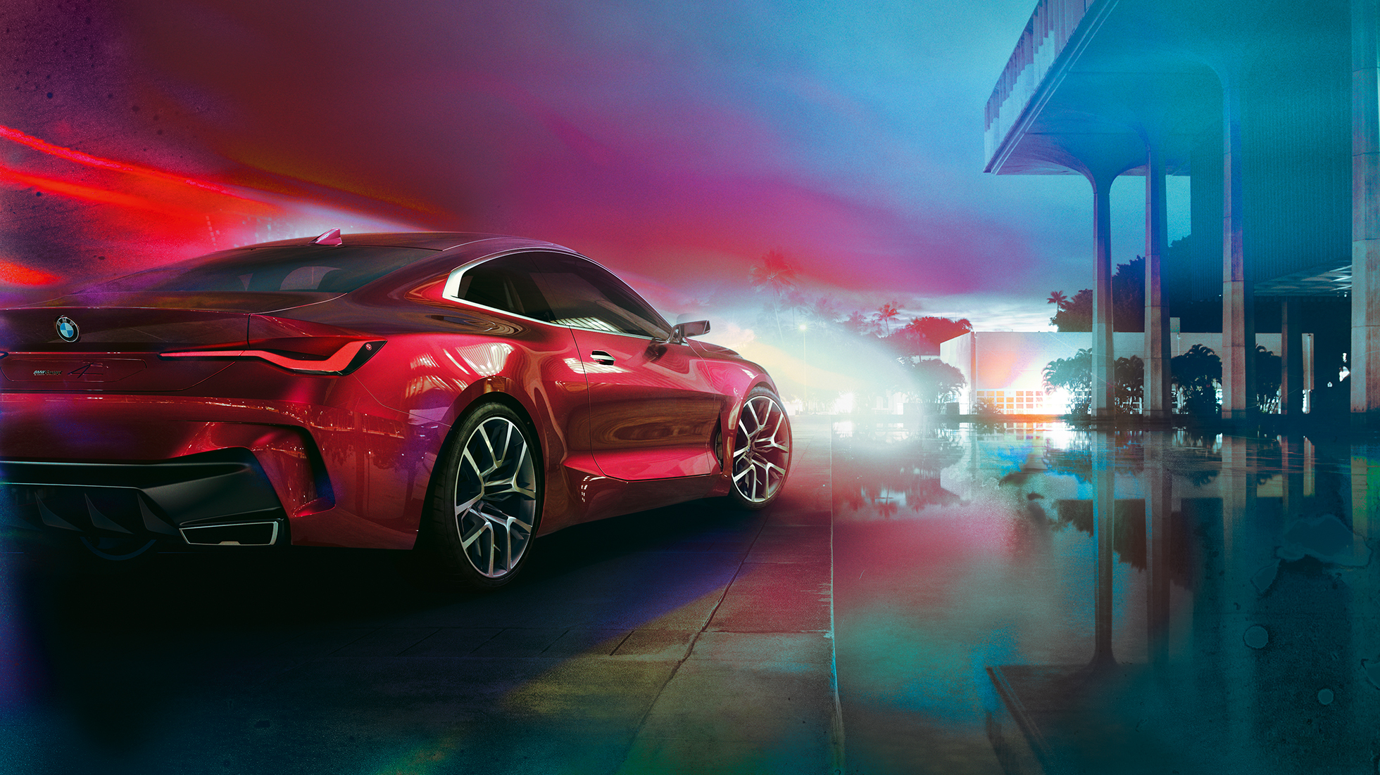 BMW Concept 4, kolm neljandikku tagantvaade BMW Concept 4 välisdisainiga Forbidden Red, 3/4 tagantvaade