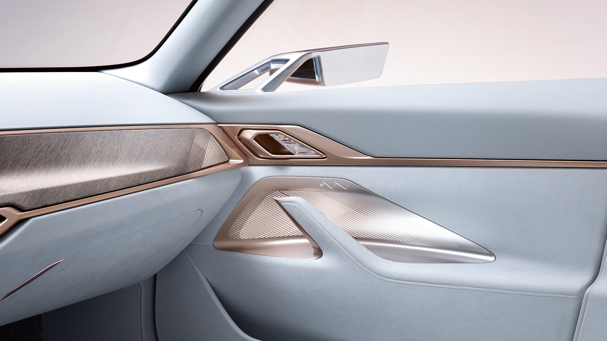 Salong, 4, BMW Concept i4 2020 G26 Salong, 4, BMW Concept i4 2020 G26, elektriauto, täiselektriline, BMW Gran Coupé, lähivaade uksele koos küljepeegliga