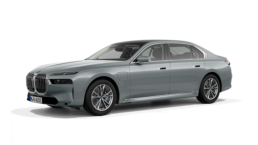 BMW 750e xDrive PHEV car three-quarter front view BMW 750e xDrive PHEV car three-quarter front view