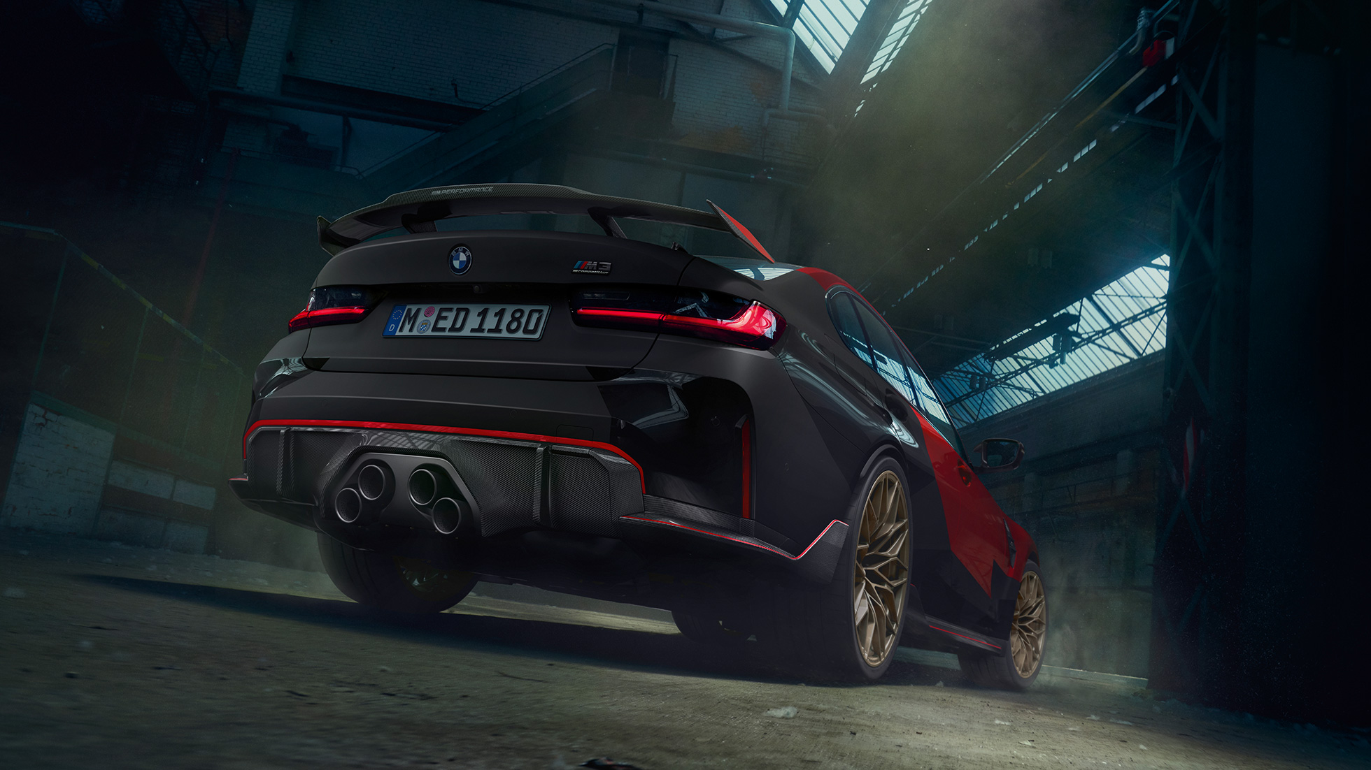 BMW M3 G80, kolm neljandikku tagantvaade BMW M Performance’i lisavarustus, BMW M3 G80, kolm neljandikku tagantvaade
